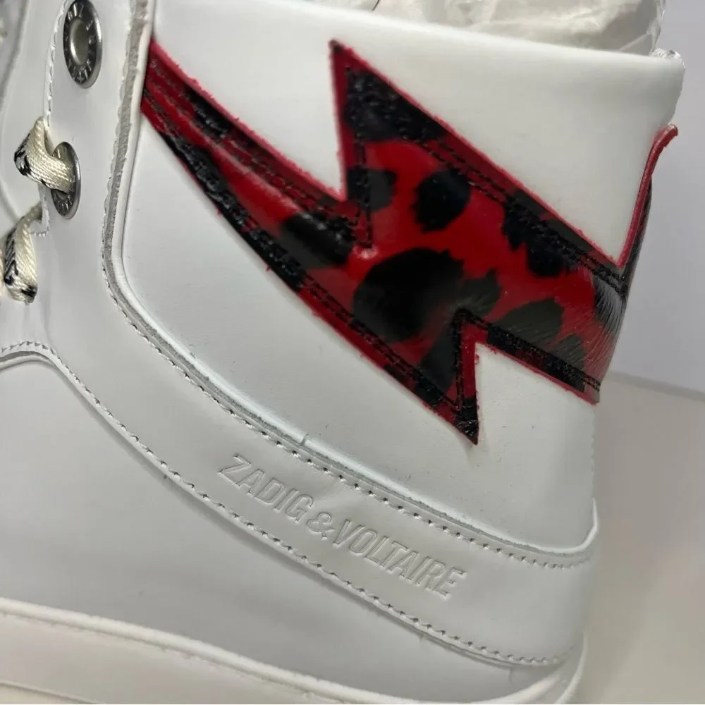 Zadig and Voltaire High Flash Calfskin Sneakers, Red‎ Lightening Bolt, 7, NIB - Picture 7 of 15